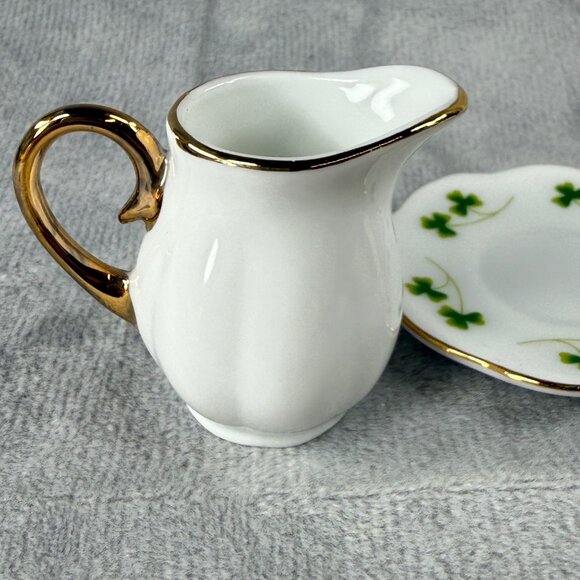 Shamrock Clover Pattern MINIATURE Creamer Cup & Saucer Set Gold Tone Trim - Picture 11 of 16